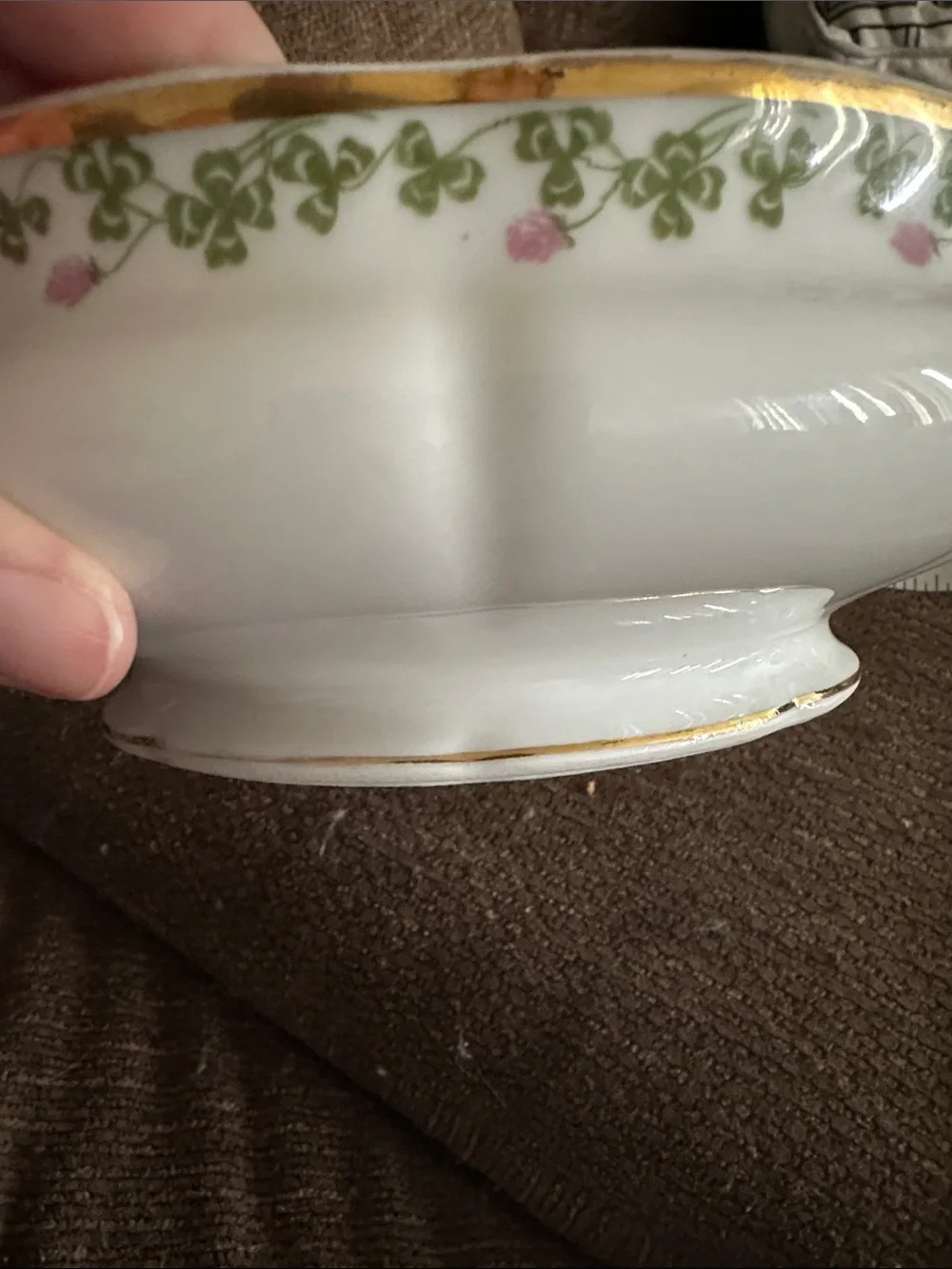 Antique Limoges Porcelain Serving Bowl with Gold Handles and Green Vine Detail